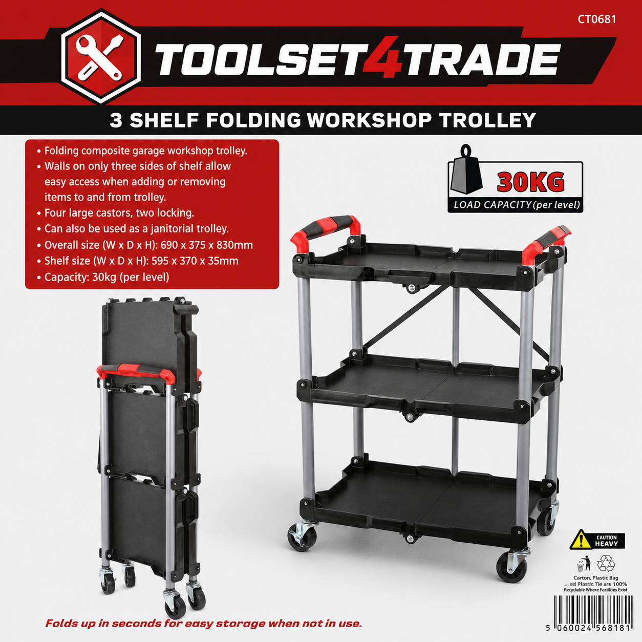 FOLDING WORKSHOP GARAGE TOOL STORAGE TROLLEY CART 3 TIER SHELF