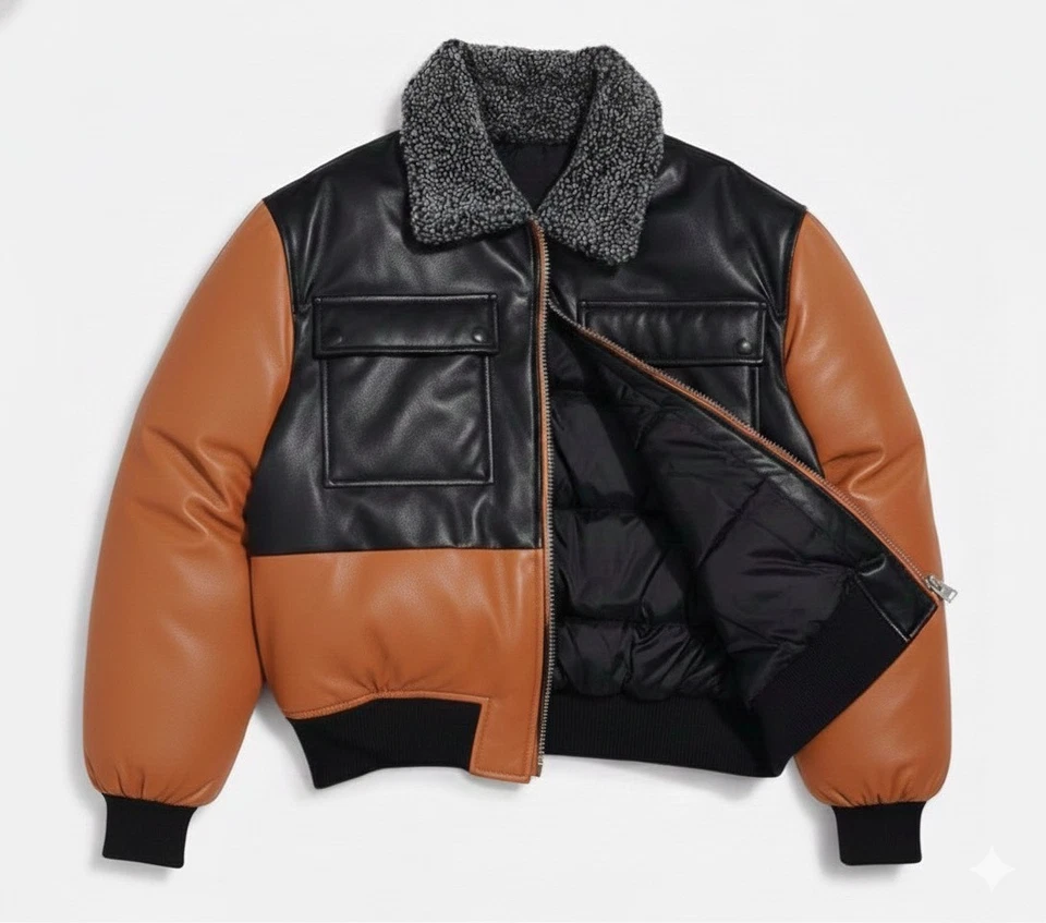 Men’s Real  Leather Puffer two color Black & Tan  sherpa collar  jacket - Image 2 of 4