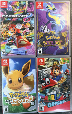 Nintendo Switch Lot 4: MarioKart 8, Mario Odyssey, Pokemon Violet, Lets go Eevee