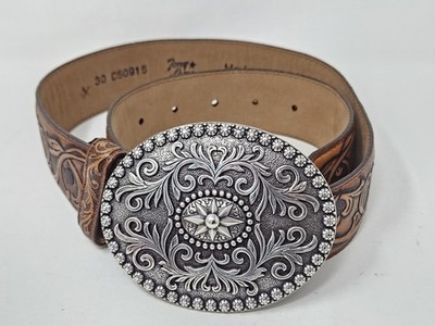 Tony Llam Belt Brown Tooled Leather Oval Silver Buckle USA sz 30 C50915