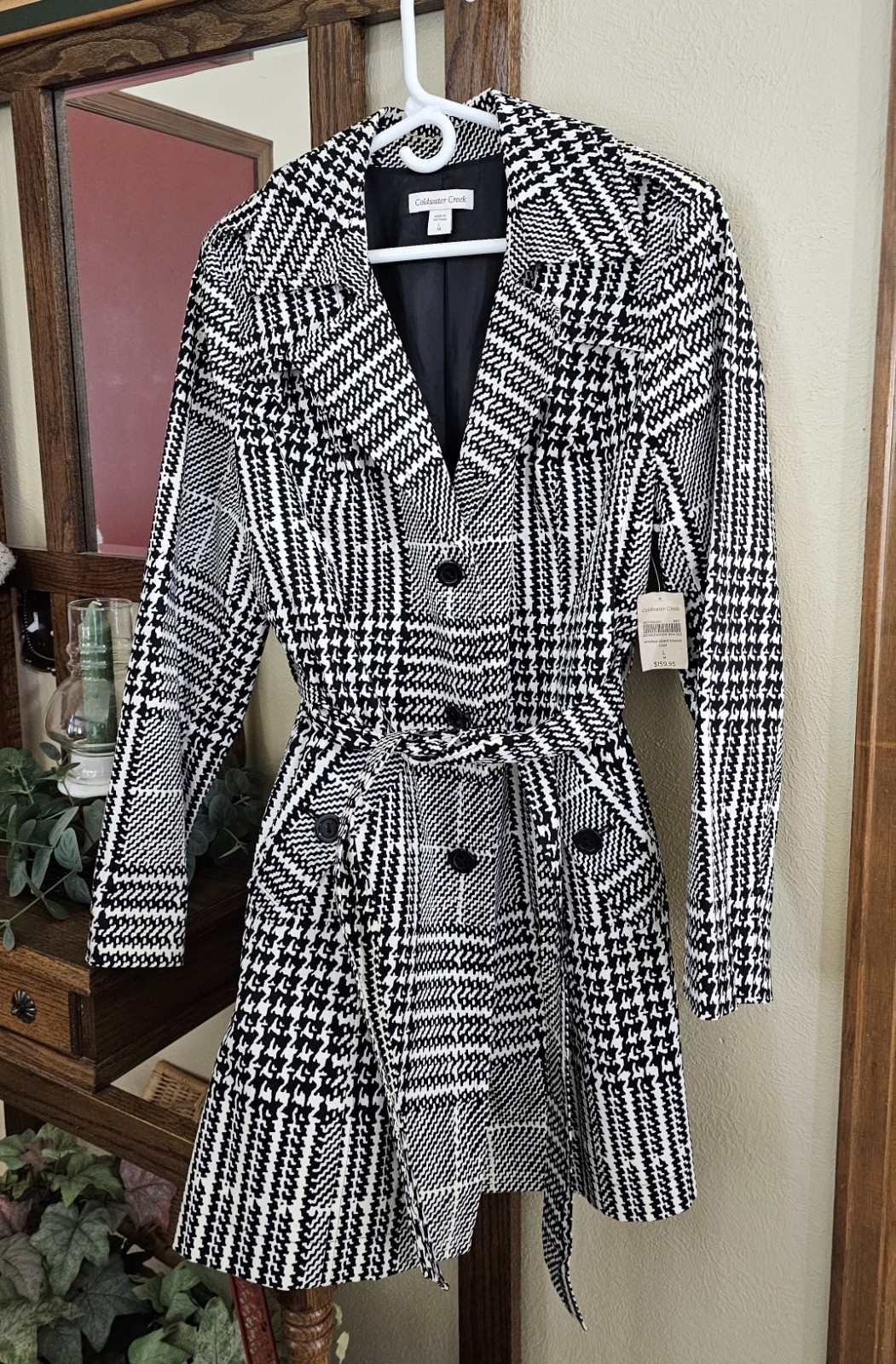 Coldwater Creek Women's Large 14 Black, White Herringbone Rain / Trench Coat