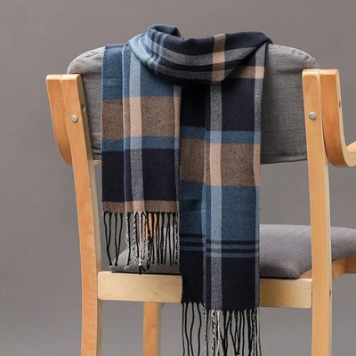 Winter Thick Warm Men's Scarf Cashmere Plaid Fringed Tassels Business Long