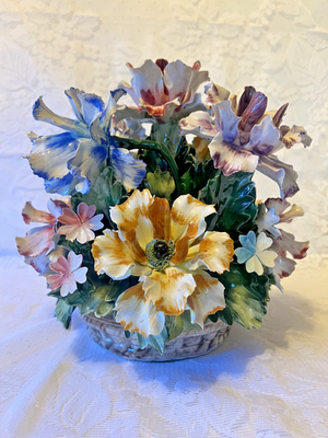 Vintage Capodimonte Italy Porcelain Flowers Basket Centerpiece 11