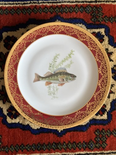 Limoges France Dartigeas Fisch Servierplatte und Teller Burgund und Gold Teller - Bild 11 von 17
