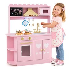 Wooden Play Kitchen for Kids Toddlers w/ Real Lights Sounds, Storage, Oven