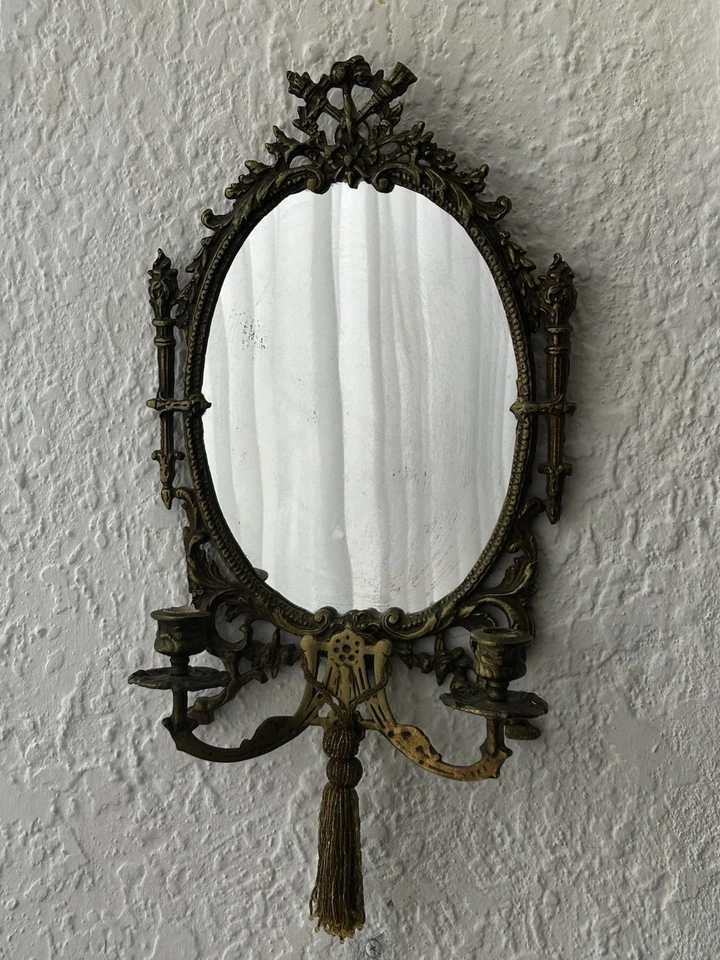 Antiguo espejo de bronce de latón del siglo XIX con aplique de pared de 2 velas Foto 3 de 4