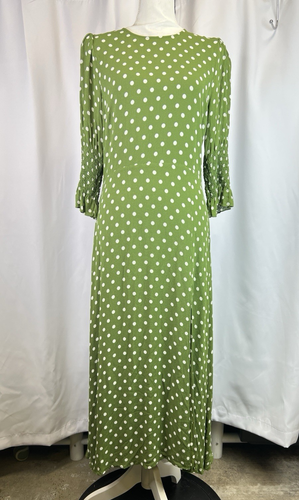 Reformation Edamame grün Carolena gepunktetes Midikleid Größe 12 Damen