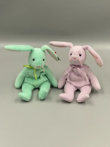 Ty 1996 Beanie Babies Hippity & Hoppity Bunny Rabbits Mint Green & Pink Vintage