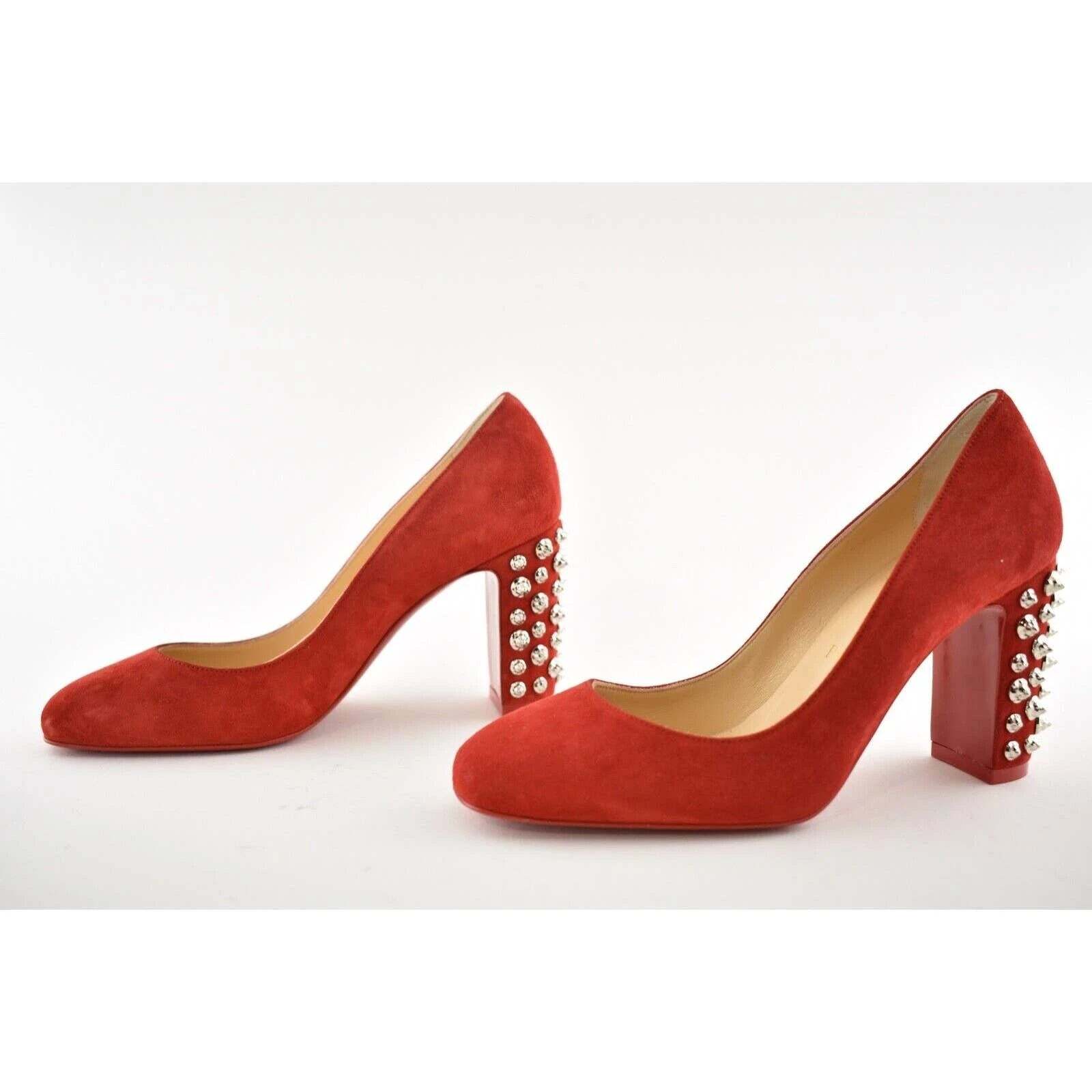 Christian Louboutin Donna Stud Spikes 85 Loubi Red Silver Block Heel Pump 37 image 10