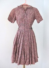 Vtg 50s rockabilly pink blue abstract dots taffeta shirtwaist swing dress XS/S