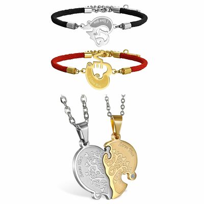 4pcs Stainless Steel Lover Couples Matching Heart Puzzel Necklace & Bracelet Set