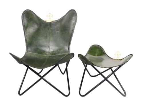 Green leather butterfly chair with footrest - to be opened / ottoman PL2-208-