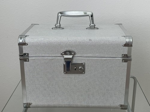 Vintage Cosmetic Travel Case - Silver Metallic Fabric - very clean