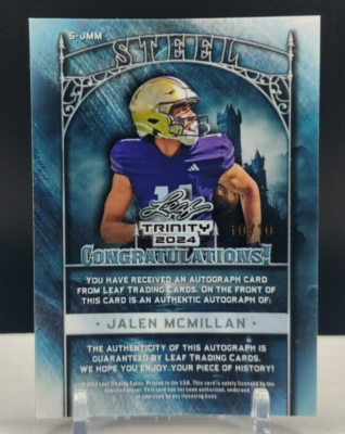 Jalen Mcmillan #10/10 AUTO Blue Prizm 2024 Leaf Trinity Steel