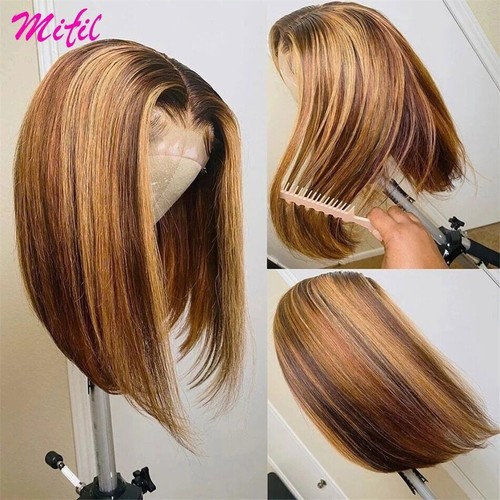 Highlight Short Bob Bone Straight Chocolate Brown HD Lace Front Human Hair Wigs - Picture 20 of 29