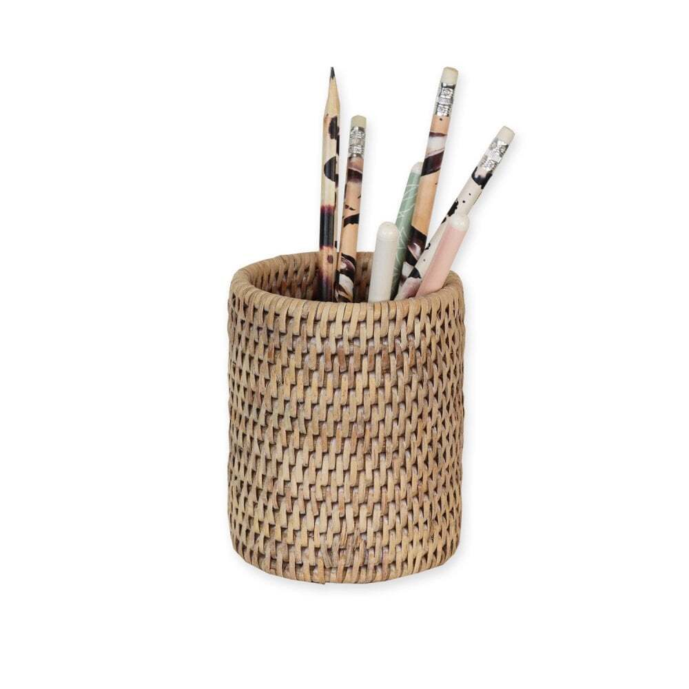 Rattan Pen Pot Woven Wicker Natural Brush Pencil Holder Desk Tidy Container
