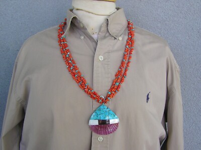 Navajo Indian Handmade Wrap Necklace with Shell Pendant. Coral & Turquoise