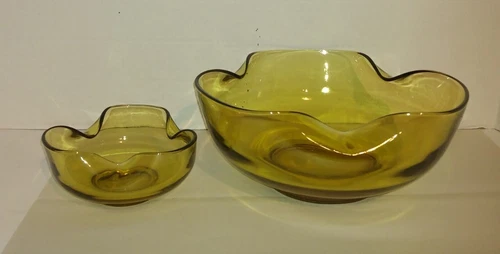 Vintage Anchor Hocking Amber Glass Chip & Dip Bowl Set Tri Fold MCM Pinched