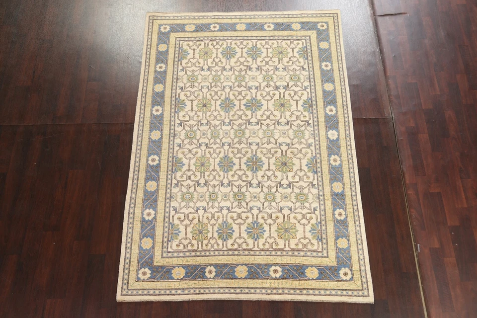 IVORY Geometric Khotan Oriental Area Rug Hand-knotted Vegetable Dye 6'x9' Carpet - Image 2 of 4