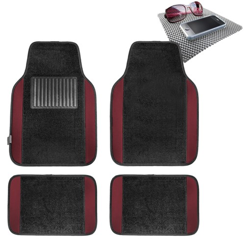 4pcs Set Universal Fit Car Carpet Floor Mats Black Burgundy w/ Gray
