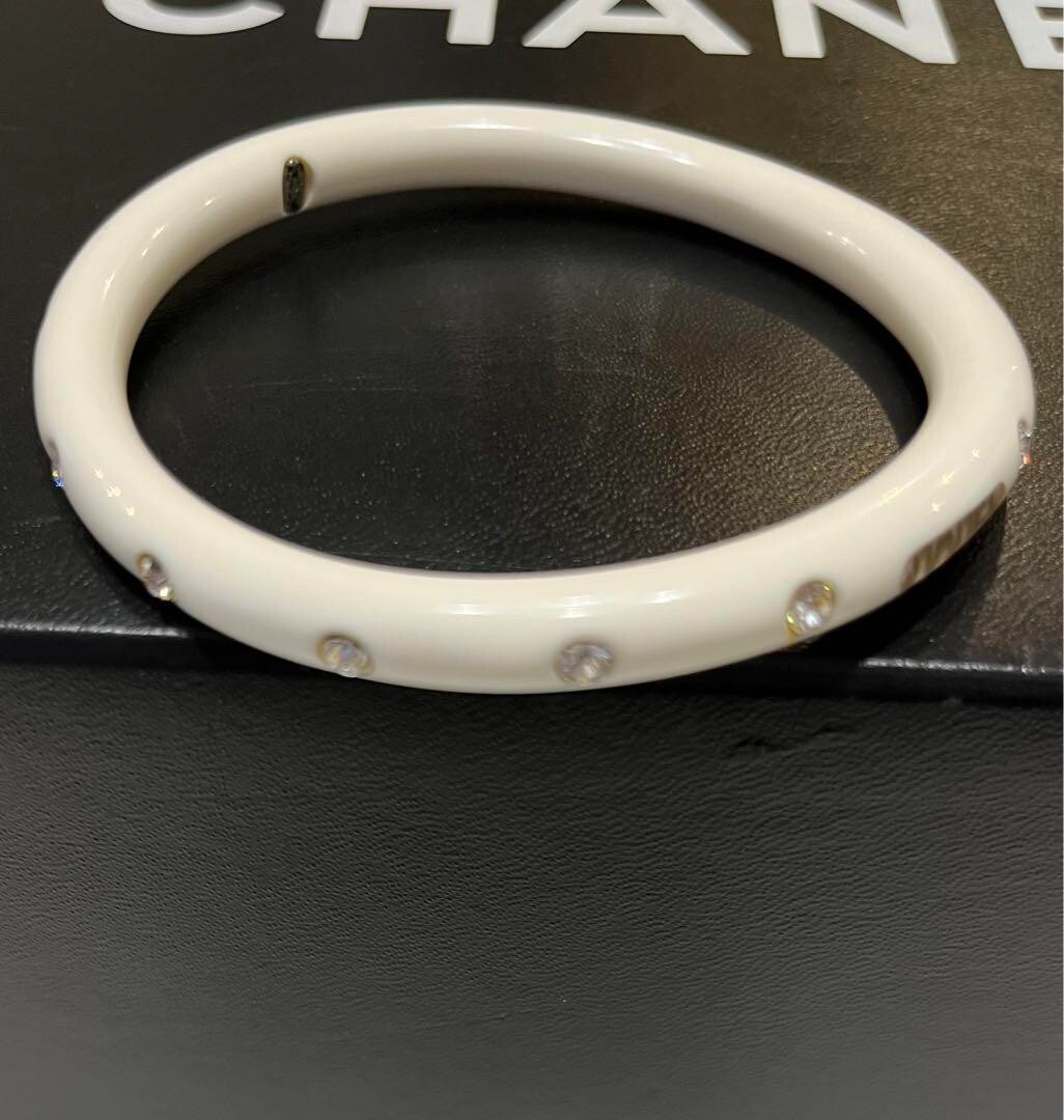 Chanel bangle logo bracelet here mark rhinestone white #33