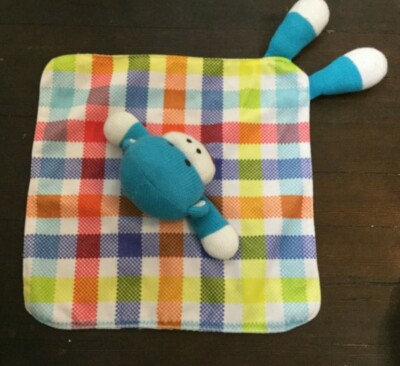 Baby Starters Sock Monkey Lovey Teal Blue Plaid White Satin Rattle