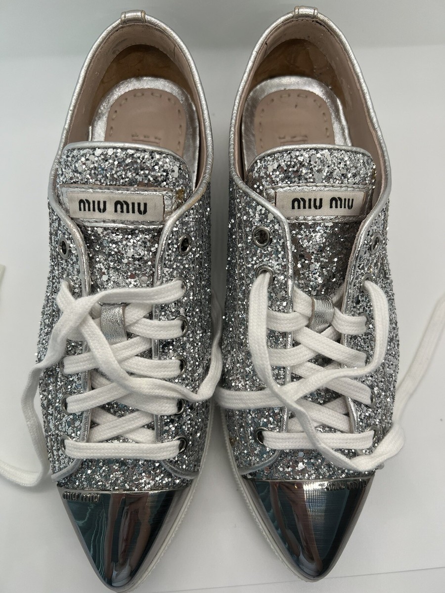 Miu Miu Women's Cap Toe Silver Flat Shoes Sneakers Lace Up Size
