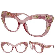 OVERSIZE RETRO CAT EYE Clear Lens EYE GLASSES Large Big Pink Frame Floral Design