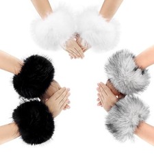 3 Pairs Faux Fur Wrist Cuffs Winter Furry Arm Warmers for Black White Dg