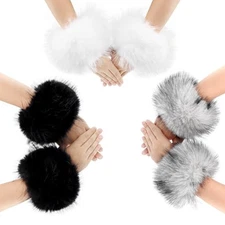  3 Pairs Faux Fur Wrist Cuffs Winter Furry Arm Warmers for Black White Dg