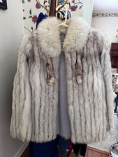 Saga Fox Women  s S Gray/White Short Fur Coat Lined Hook  Eye Fur Trim