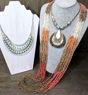 Chico's 3 Necklace Lot Spectacular Long Torsade Seed Bead Boho Coconut Pendant