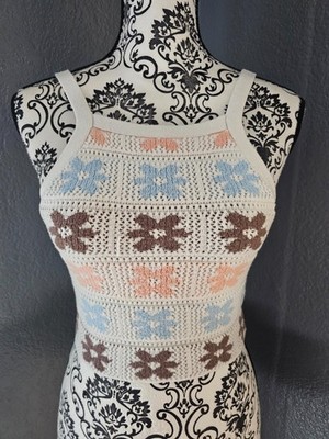 Women's Hippie Rose Cropped Tank Top Knitted Blouse Floral Size Small Multicolor