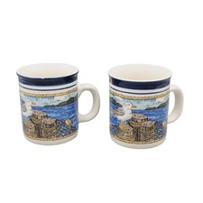 Tienshan Coffee Mug Stoneware Set of 2 Seagull Beach Ocean Theme