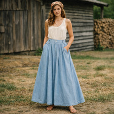 VTG 90s Ralph Lauren Country Chambray Maxi Skirt Womens Sz M Cotton Prarie USA