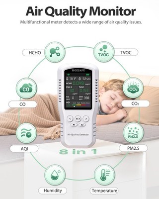 8-In-1 Air Quality Monitor, HCHO TVOC PM2.5 CO CO2 Detector