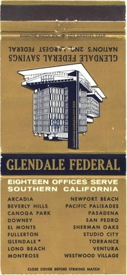 Glendale Federal Savings & Loan Southern CA Vintage Matchbook Cover 1970s