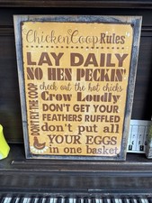 Chicken Coop Rules Metal Mounted On Wood Sign, Farm Living Fun Sign - 13.3x17  