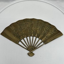 Vintage ENESCO Brass Fan Wall Decor Raised Oriental Phoenix Dragon 11.5"
