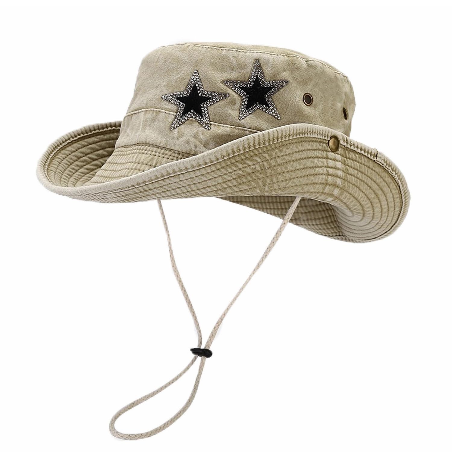 Y2K Crystal Star Washed Denim Cowgirl Bucket Hat for Women