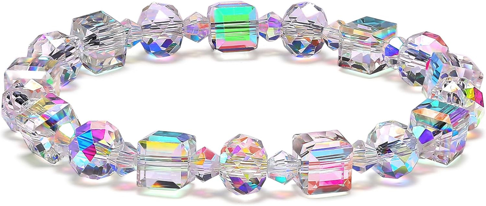Aurora Borealis Crystal Bracelet for Women – Stretchy Iridescent Faceted Beads w