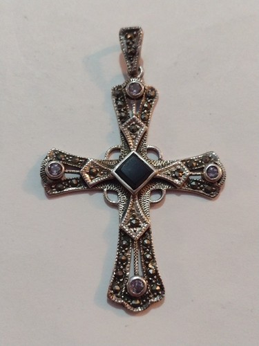 Vintage Marcasite & Jewels Sterling Silver Cross Pendant - Picture 3 of 10