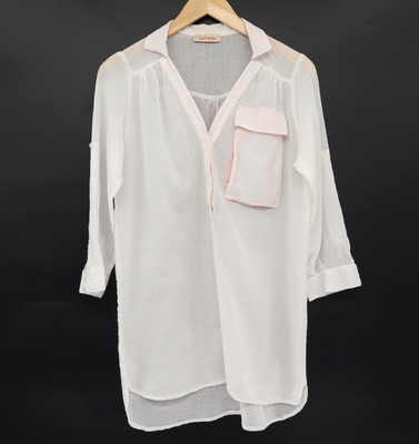Cuyana Button Front Blouse White Pink 3/4 Roll Sleeve High Low Tunic Shirt Sz S