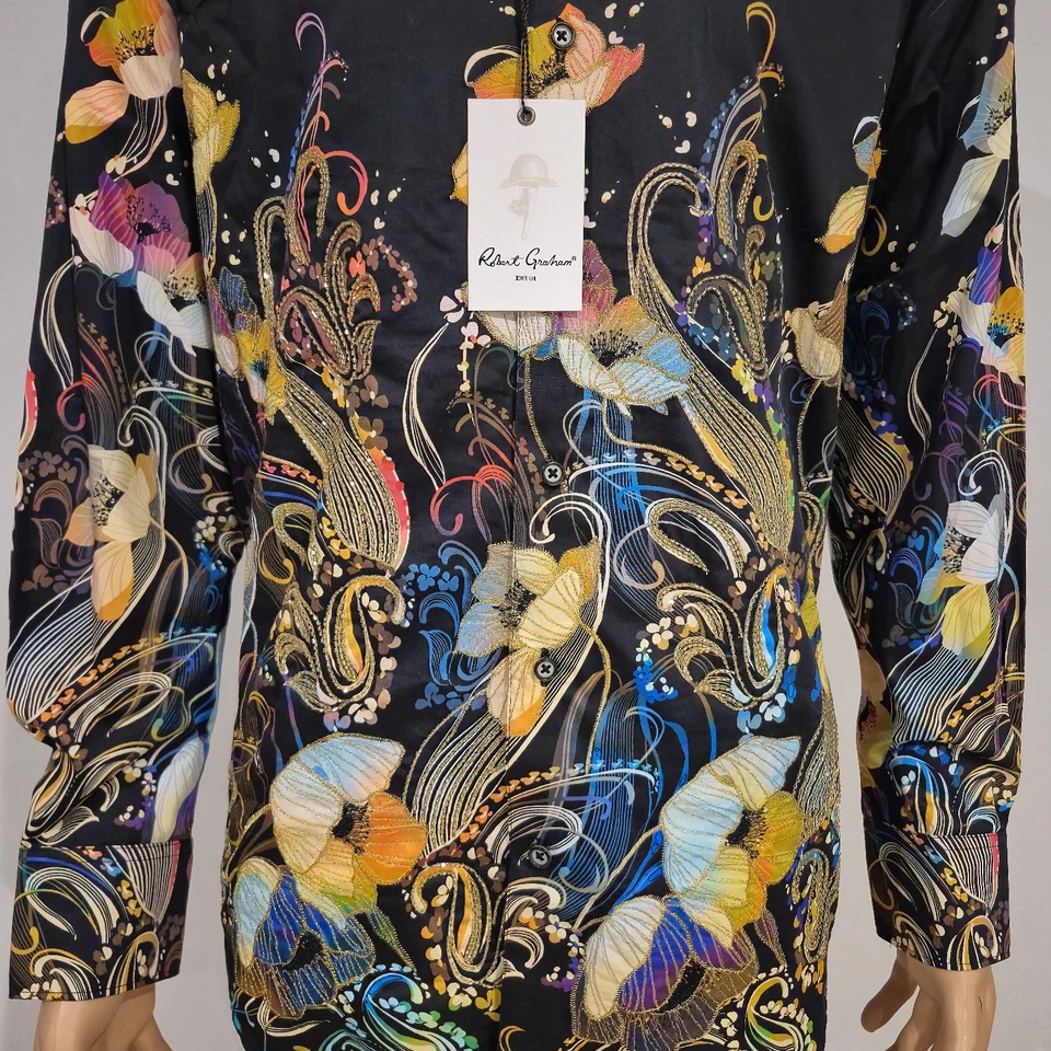 NWT ROBERT GRAHAM JACOBS COTTON SHIRT BLACK BASED FLORAL BEADED EMBROIDERY - Image 2 of 4