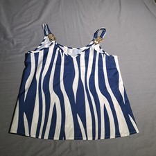 Women's Medium Blue White Zebra Print Tank Top Gold Strap Hardware Sleeveless...