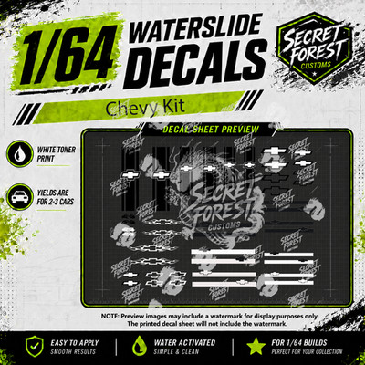 1:64 Chevy Kit Decal Set   White Toner Printed Vertical Racing Stripes   Bowties