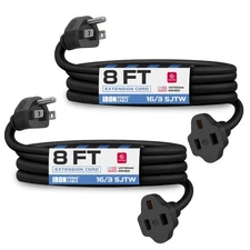 Iron Forge Cable 2 Pack 8 Ft Black Extension Cord, 16/3, 8 Foot Extension Cord,