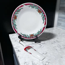 Tienshan Christmas Cake Set Platter & Server Winter Holiday Holly Pine Cone