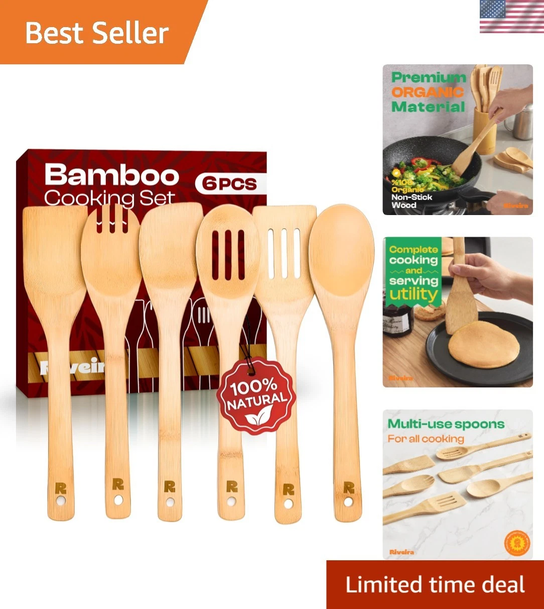 Bamboo Cooking Spoons 6-Piece – Wooden Cooking Utensils Set with Wooden Spoon...