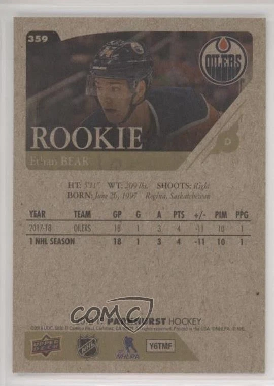 2018-19 Upper Deck Parkhurst Rookies Bronze Ethan Bear #359 Rookie RC - Image 2 of 2